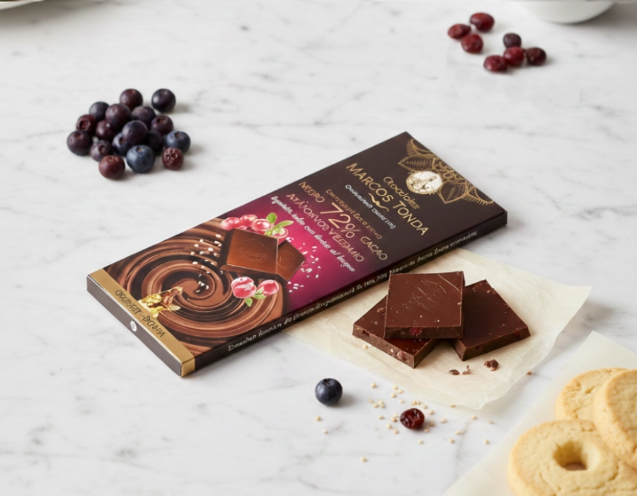 CHOCOLATES MARCOS TONDA I Gourmet dark chocolate Boama with blueberries and sesame